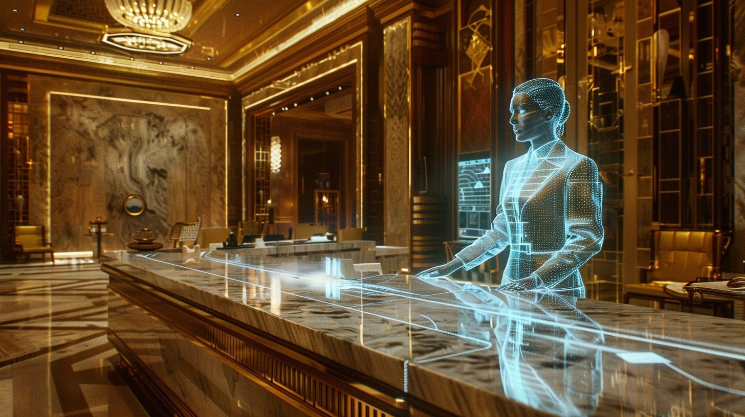 Holographic concierge in a luxury hotel lobby