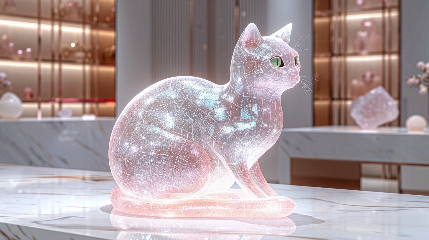 A holographic cat, a study in quiet curiosity, displayed in a luxury boutique
