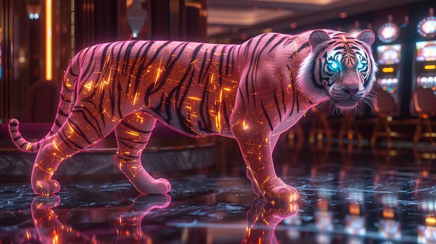 A holographic tiger, a study in restrained power, walking through a private gaming lounge